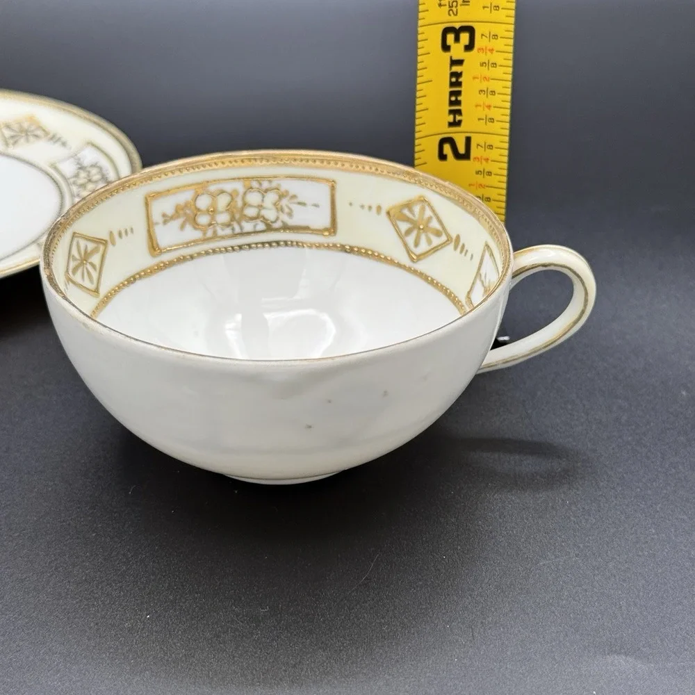Antique Nippon Hand Painted Teacup‎ & Saucer White Gold Gilt Pre-1921 Tea Party